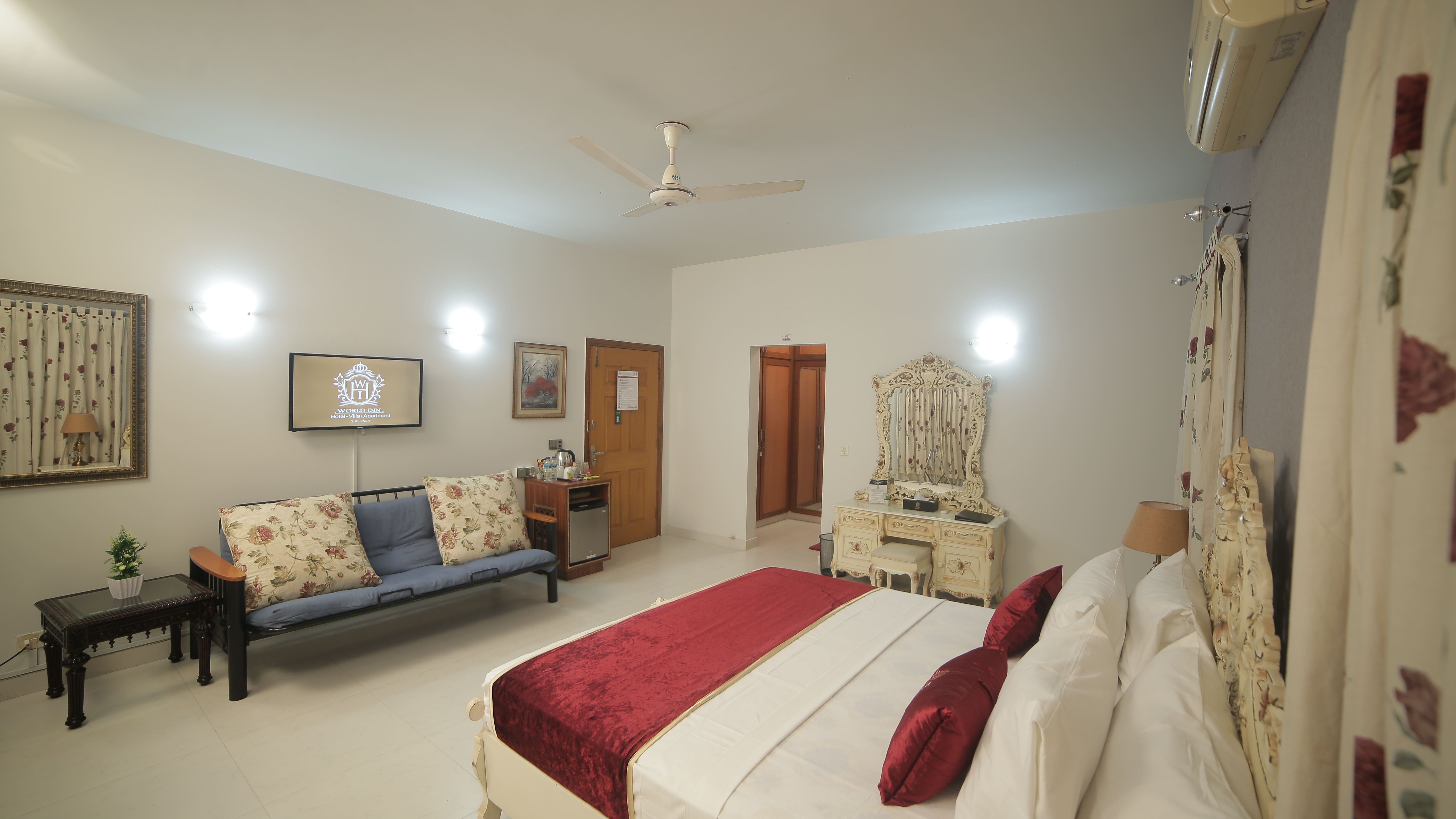 Spacious hotel lobby with comfortable seating